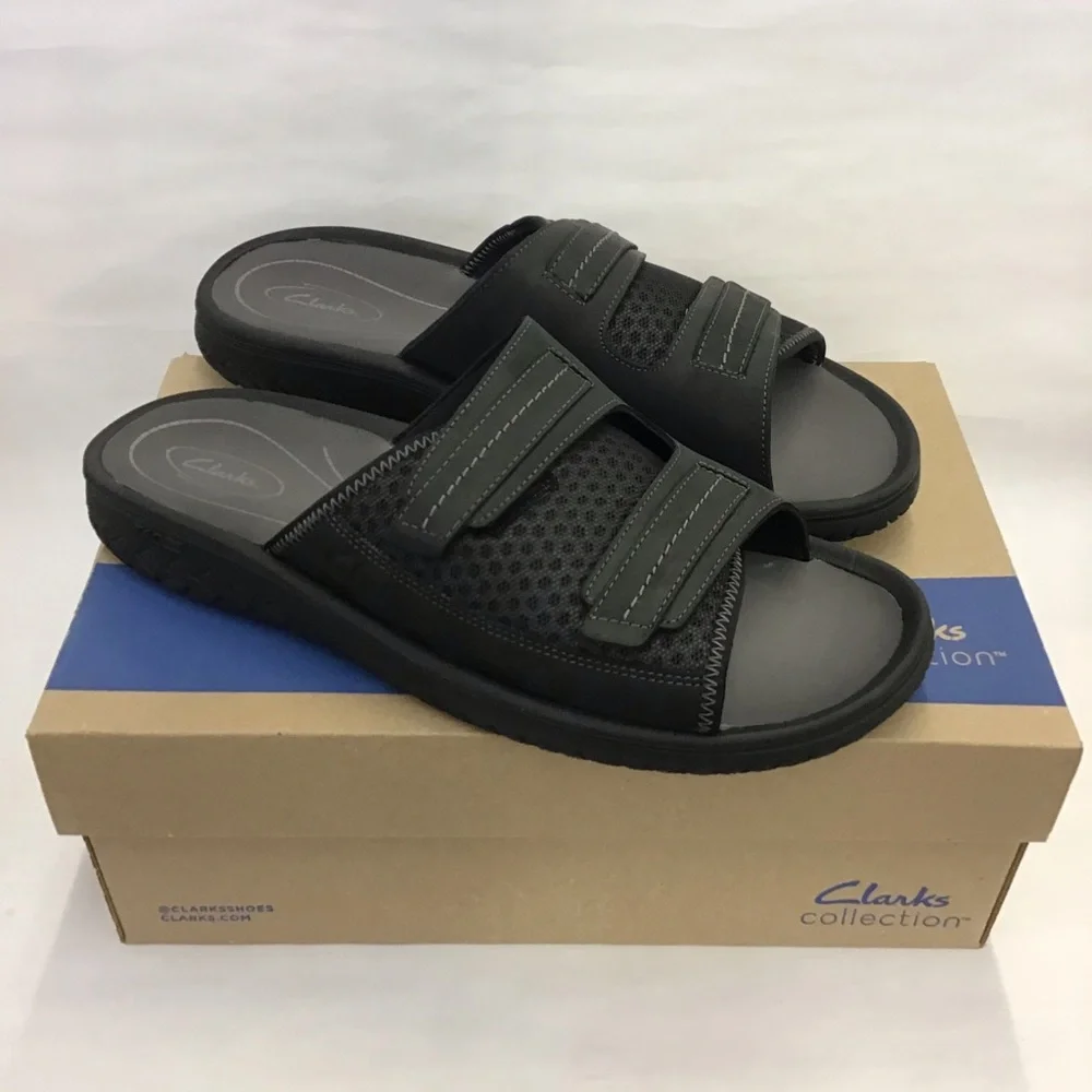 Brand new Clarks men’s size 12 slide sandals adjustable straps Wesley Easy Black